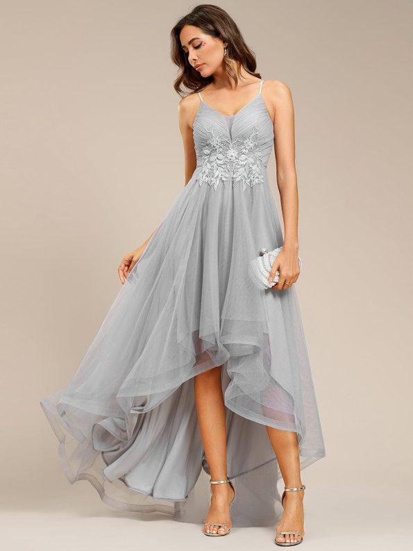 Stylish Floral Embroidered Waist High-Low Prom Dress - Grey