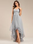 Stylish Floral Embroidered Waist High-Low Prom Dress – Grey