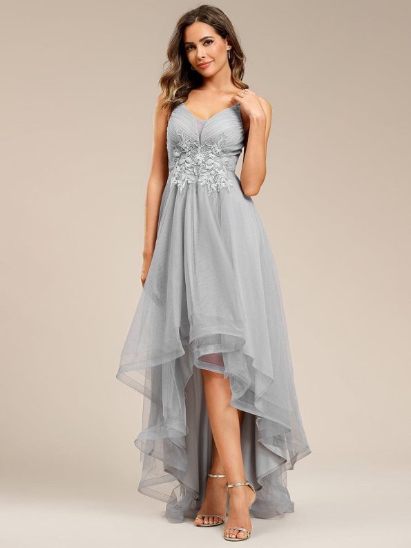 Stylish Floral Embroidered Waist High-Low Prom Dress - Grey