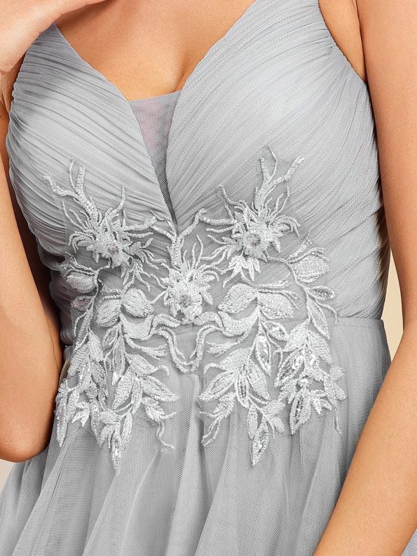 Stylish Floral Embroidered Waist High-Low Prom Dress - Grey