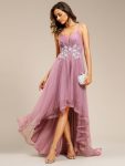 Stylish Floral Embroidered Waist High-Low Prom Dress – Purple Orchid