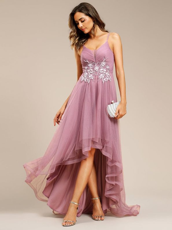 Stylish Floral Embroidered Waist High-Low Prom Dress - Purple Orchid