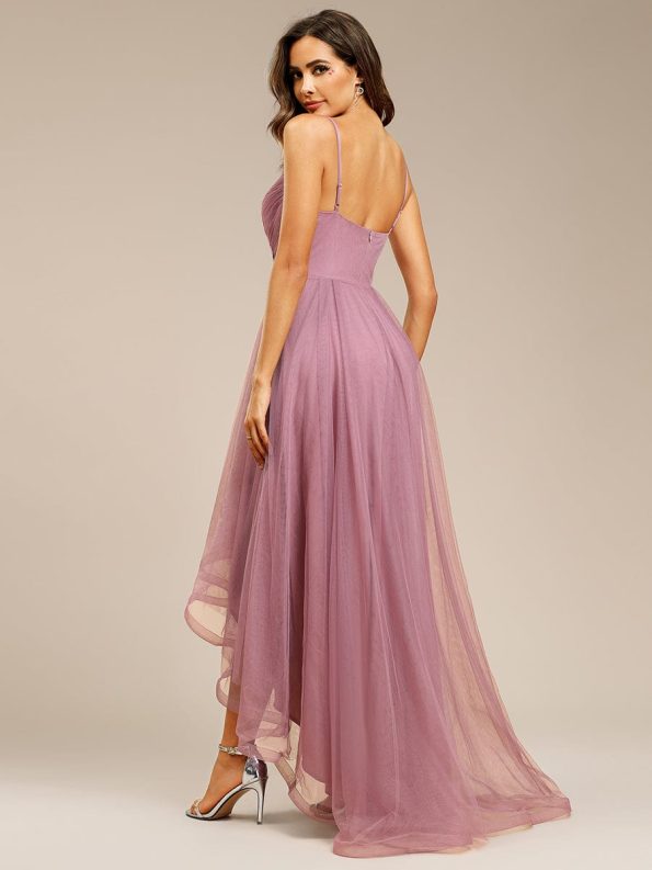 Stylish Floral Embroidered Waist High-Low Prom Dress - Purple Orchid