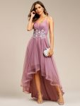 Stylish Floral Embroidered Waist High-Low Prom Dress – Purple Orchid