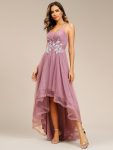 Stylish Floral Embroidered Waist High-Low Prom Dress – Purple Orchid