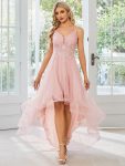 Stylish Floral Embroidered Waist High-Low Prom Dress – Pink