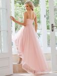 Stylish Floral Embroidered Waist High-Low Prom Dress – Pink