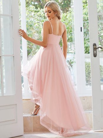 Stylish Floral Embroidered Waist High-Low Prom Dress - Pink