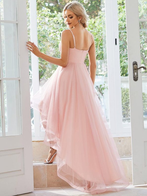 Stylish Floral Embroidered Waist High-Low Prom Dress - Pink