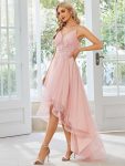 Stylish Floral Embroidered Waist High-Low Prom Dress – Pink