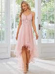 Stylish Floral Embroidered Waist High-Low Prom Dress – Pink