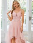 Stylish Floral Embroidered Waist High-Low Prom Dress – Pink