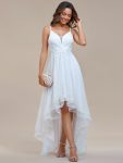 Stylish Floral Embroidered Waist High-Low Prom Dress – White