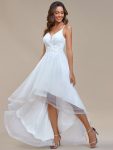 Stylish Floral Embroidered Waist High-Low Prom Dress – White