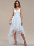 Stylish Floral Embroidered Waist High-Low Prom Dress - White