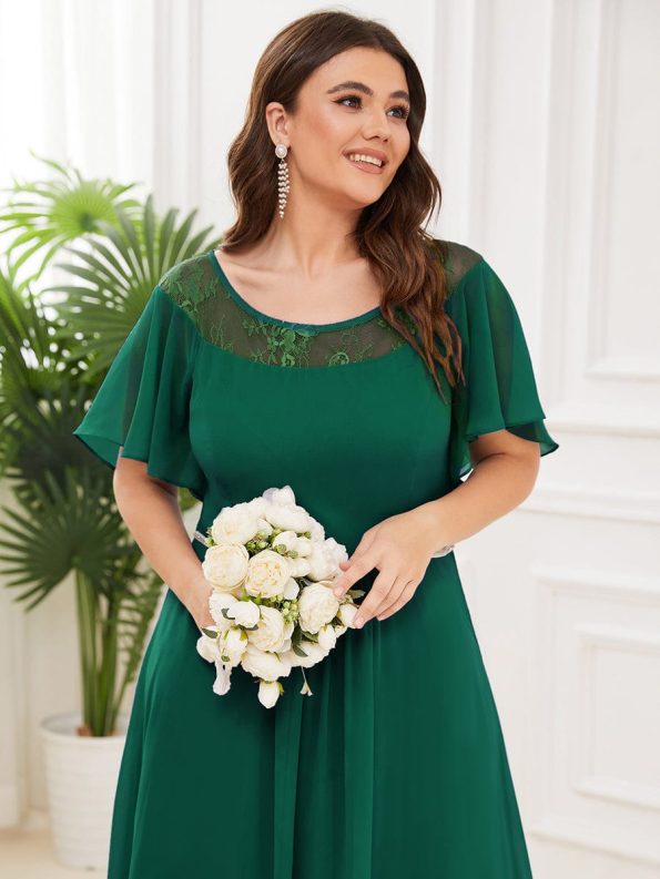 Plus Size Boat Neck Formal Dress with Sleeves - Dark Green