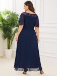 Plus Size Boat Neck Formal Dress with Sleeves – Navy Blue