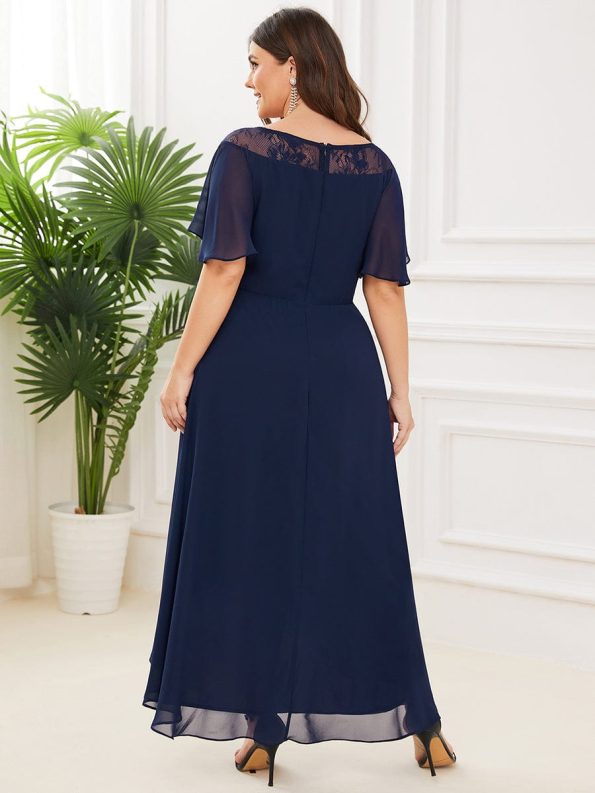 Plus Size Boat Neck Formal Dress with Sleeves - Navy Blue