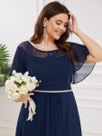 Plus Size Boat Neck Formal Dress with Sleeves – Navy Blue