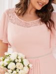 Plus Size Boat Neck Formal Dress with Sleeves – Pink