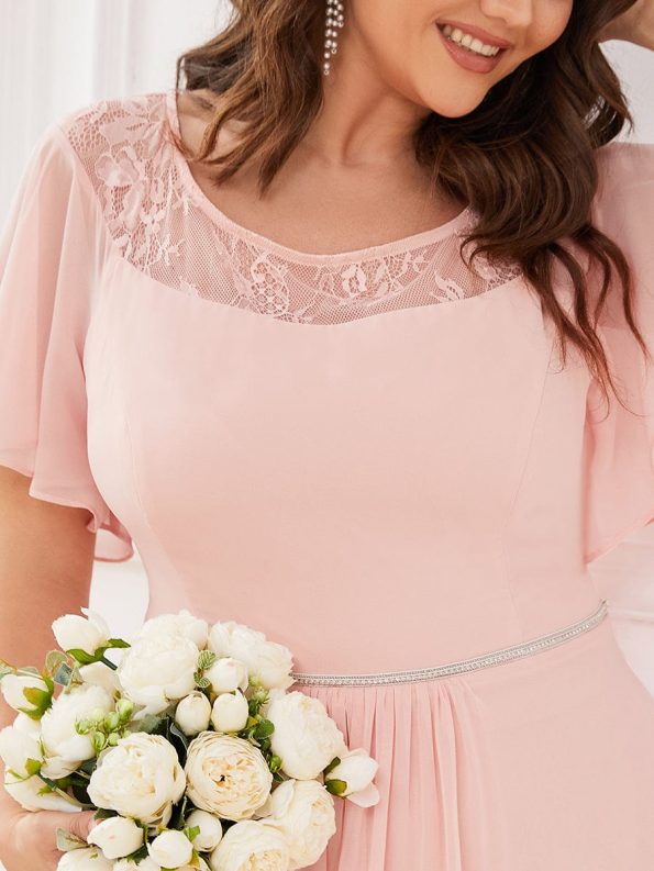 Plus Size Boat Neck Formal Dress with Sleeves - Pink