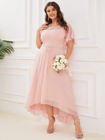 Plus Size Boat Neck Formal Dress with Sleeves - Pink