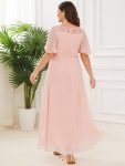 Plus Size Boat Neck Formal Dress with Sleeves – Pink