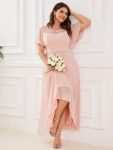 Plus Size Boat Neck Formal Dress with Sleeves – Pink