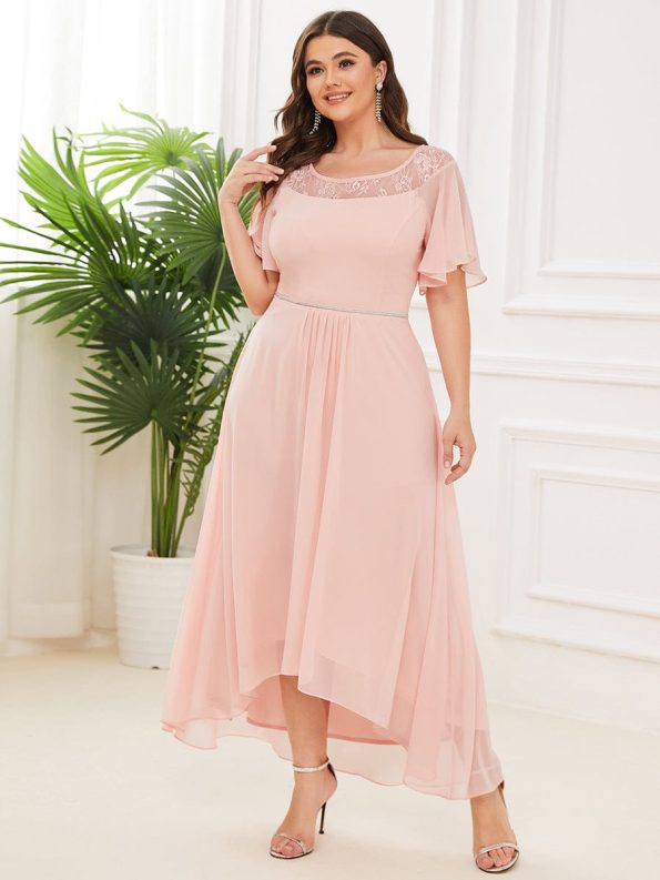 Plus Size Boat Neck Formal Dress with Sleeves - Pink