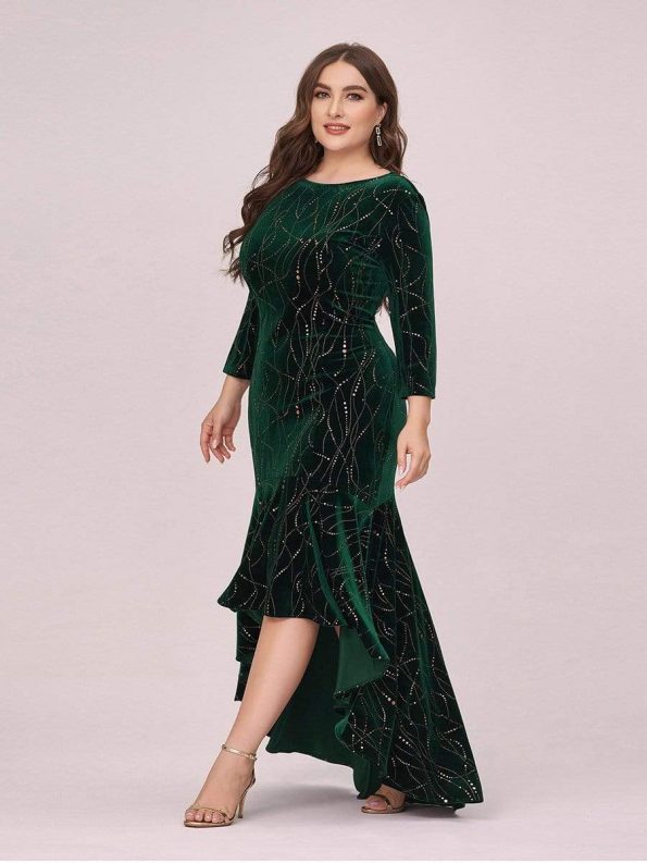 Elegant Plus Size Bodycon High-Low Formal Velvet Party Dress - Dark Green