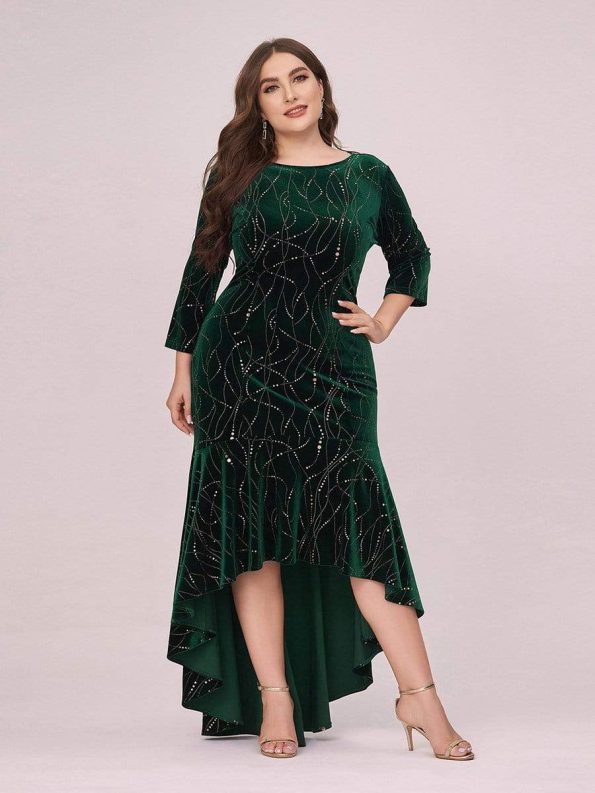 Elegant Plus Size Bodycon High-Low Formal Velvet Party Dress - Dark Green