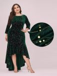 Elegant Plus Size Bodycon High-Low Formal Velvet Party Dress – Dark Green