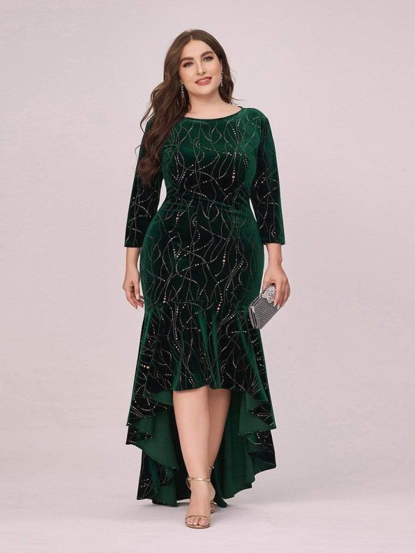 Elegant Plus Size Bodycon High-Low Formal Velvet Party Dress - Dark Green