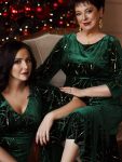 Elegant Plus Size Bodycon High-Low Formal Velvet Party Dress – Dark Green