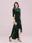 Women’s Stylish Bodycon High-Low Velvet Party Dress – Dark Green