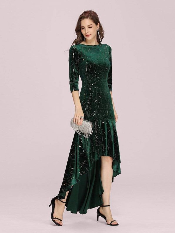 Women's Stylish Bodycon High-Low Velvet Party Dress - Dark Green