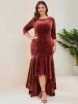 Women’s Stylish Bodycon High-Low Velvet Party Dress – Brick Red