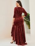 Women’s Stylish Bodycon High-Low Velvet Party Dress – Brick Red