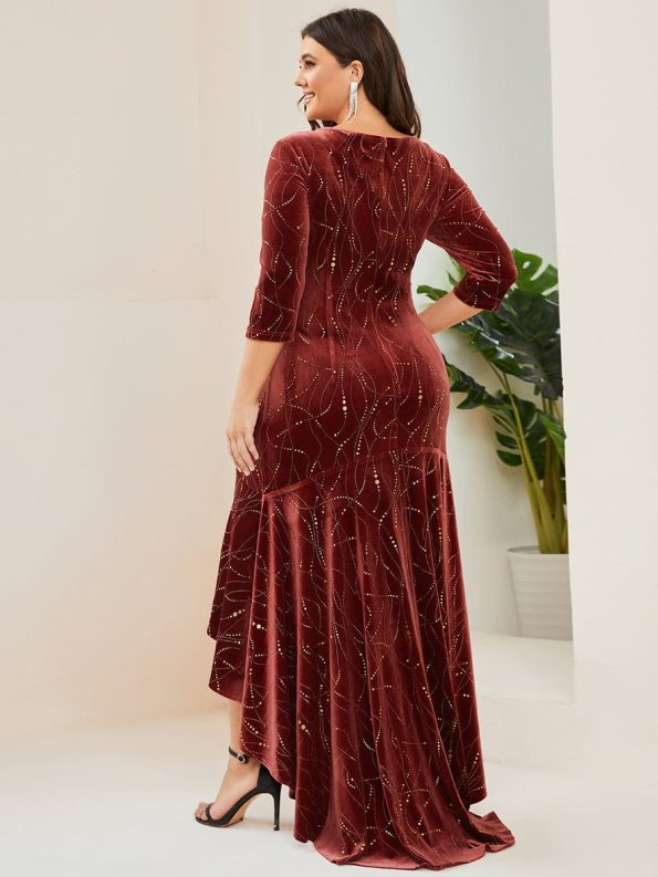 Women's Stylish Bodycon High-Low Velvet Party Dress - Brick Red