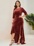 Elegant Plus Size Bodycon High-Low Formal Velvet Party Dress – Brick Red