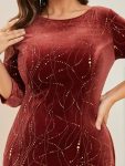 Elegant Plus Size Bodycon High-Low Formal Velvet Party Dress – Brick Red