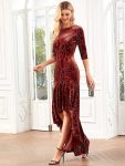 Women’s Stylish Bodycon High-Low Velvet Party Dress – Brick Red