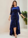 Elegant Plus Size Bodycon High-Low Formal Velvet Party Dress - Royal Blue