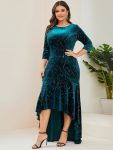 Elegant Plus Size Bodycon High-Low Formal Velvet Party Dress – Teal