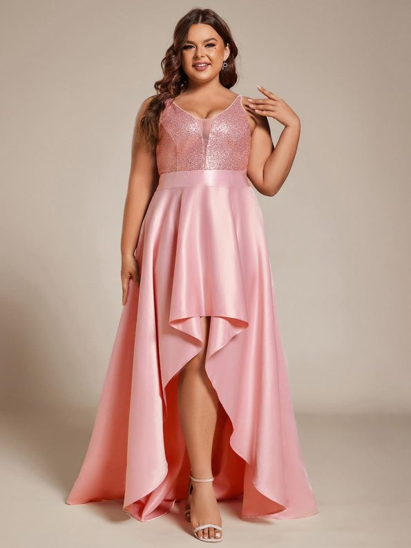 High Low Sleeveless Plus Size Dresses With Sequin for Evening - Pink