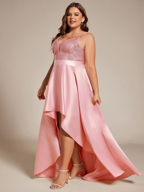 High Low Sleeveless Plus Size Dresses With Sequin for Evening - Pink