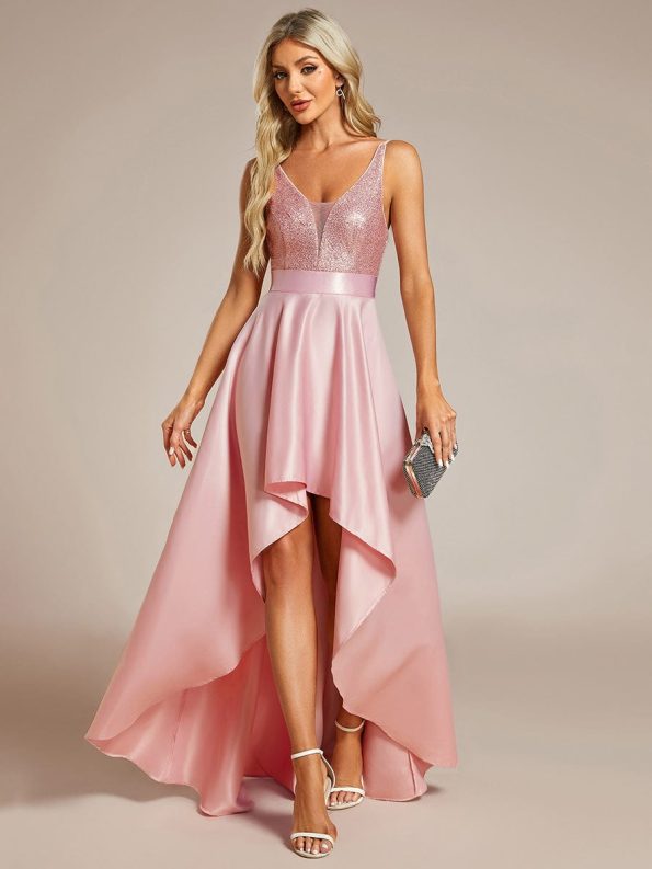 Sparkly Bodice High Low Prom Dresses for Women - Pink