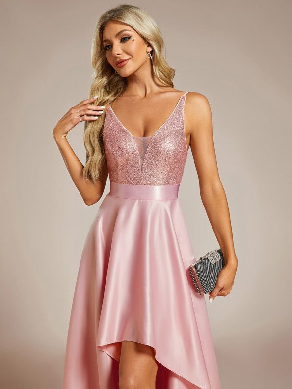 Sparkly Bodice High Low Prom Dresses for Women - Pink