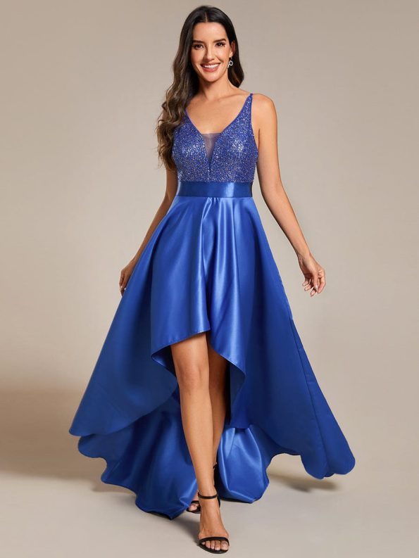 Sparkly Bodice High Low Prom Dresses for Women - Sapphire Blue