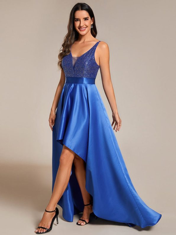 Sparkly Bodice High Low Prom Dresses for Women - Sapphire Blue